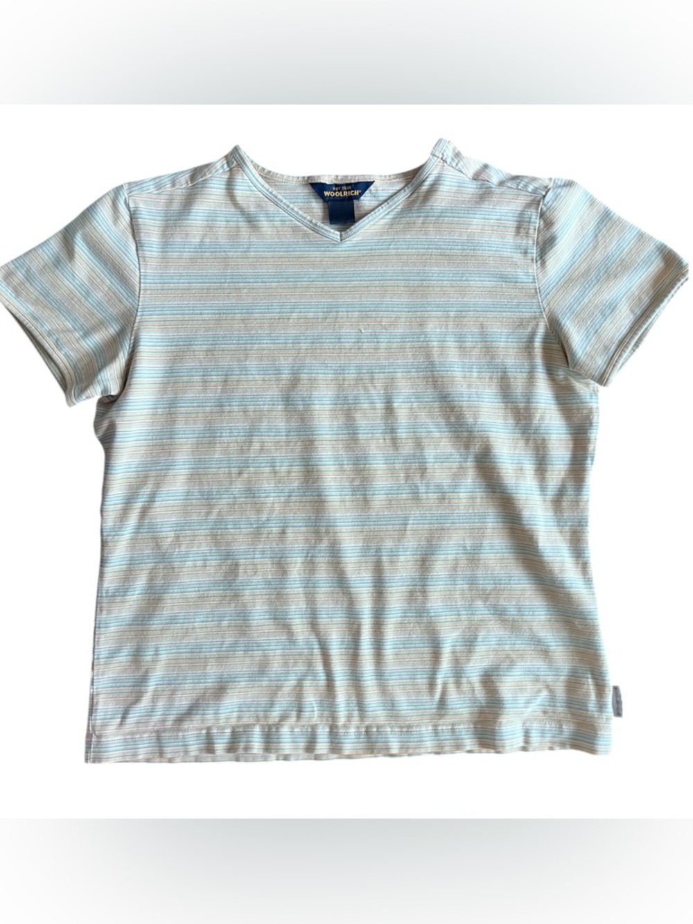 Woolrich Womens Short Sleeve V-Neck Stripe Tee in Light Blue and White